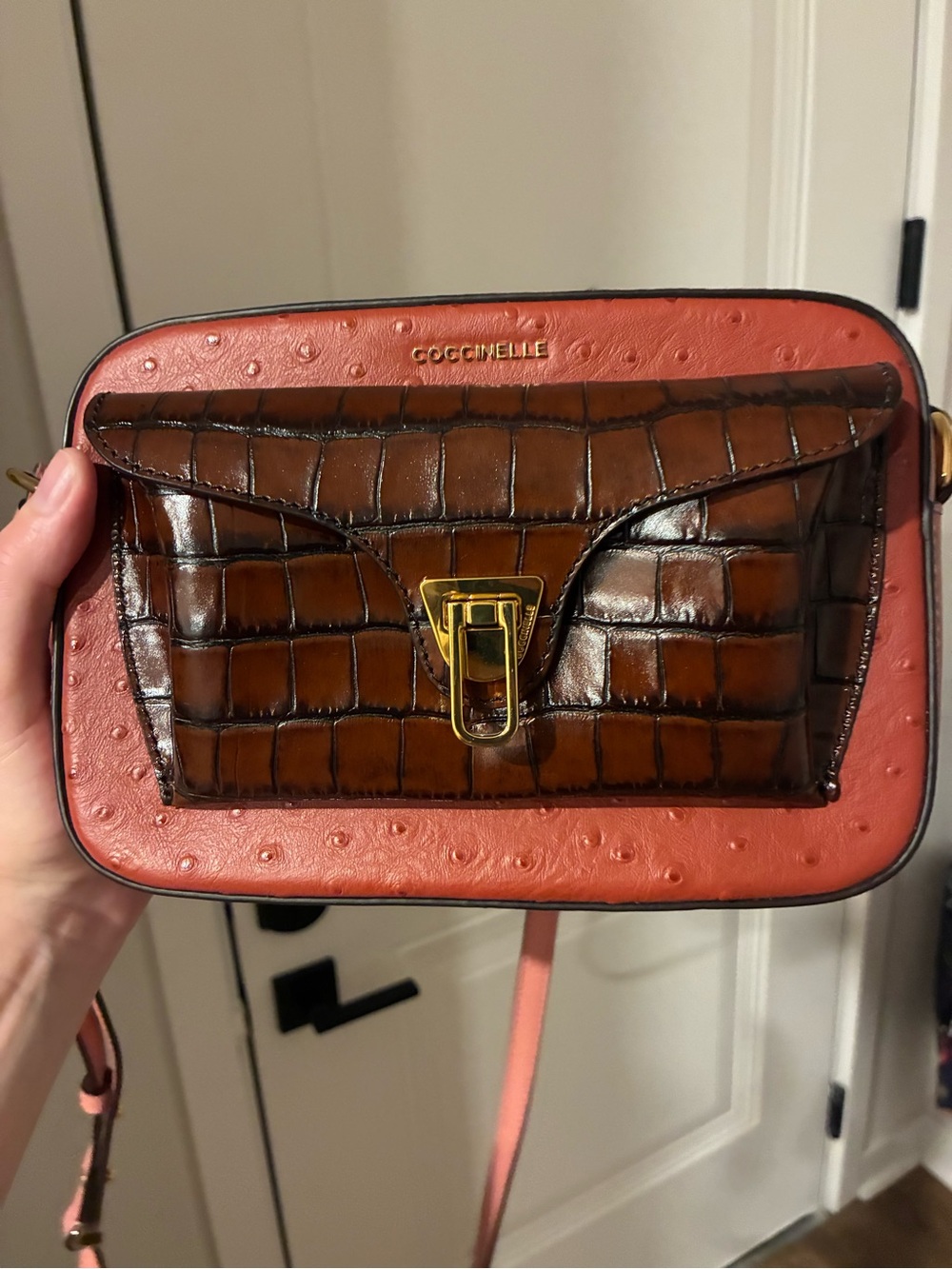 Coccinelle Pink and Brown Croc-Embossed Leather Crossbody Bag